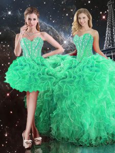 Artistic Sweetheart Sleeveless Sweet 16 Dresses Floor Length Beading and Ruffles Green Organza