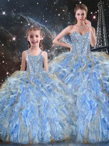 Light Blue Sleeveless Organza Lace Up Sweet 16 Dresses for Military Ball and Sweet 16 and Quinceanera