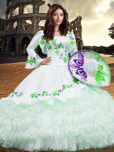 White Lace Up Square Embroidery and Ruffled Layers Quince Ball Gowns Organza Long Sleeves