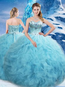 Romantic Floor Length Aqua Blue Quince Ball Gowns Tulle Sleeveless Beading and Pick Ups