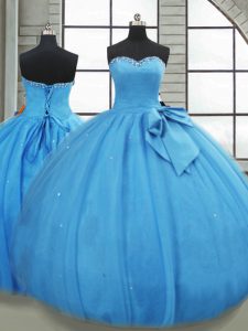 On Sale Baby Blue Sleeveless Tulle Lace Up Quinceanera Gowns for Military Ball and Sweet 16 and Quinceanera
