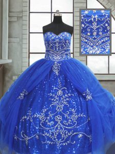 Blue Lace Up Sweetheart Beading and Appliques Vestidos de Quinceanera Tulle Sleeveless