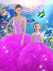 Super Fuchsia Quinceanera Dress Military Ball and Sweet 16 and Quinceanera with Beading and Ruffles Sweetheart Sleeveless Lace Up
