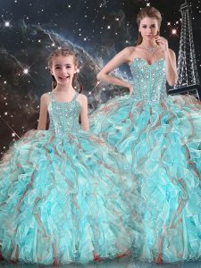 Nice Aqua Blue 15 Quinceanera Dress Military Ball and Sweet 16 and Quinceanera with Beading and Ruffles Sweetheart Sleeveless Lace Up