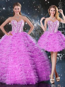 Sweetheart Sleeveless 15th Birthday Dress Floor Length Beading and Ruffled Layers Fuchsia Organza