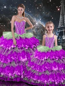 Customized Multi-color Ball Gowns Sweetheart Sleeveless Organza Floor Length Lace Up Beading and Ruffles Sweet 16 Quinceanera Dress