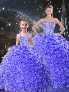 Deluxe Purple Organza Lace Up Sweetheart Sleeveless Floor Length Quinceanera Dresses Beading and Ruffles