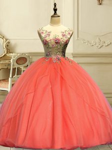 Organza Scoop Sleeveless Lace Up Appliques 15 Quinceanera Dress in Orange Red