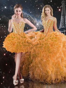 Beautiful Orange Quince Ball Gowns Military Ball and Sweet 16 and Quinceanera with Beading and Ruffles Sweetheart Sleeveless Lace Up