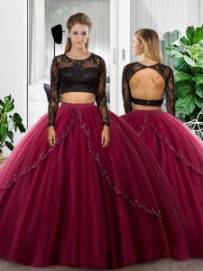 Vintage Long Sleeves Tulle Floor Length Backless Ball Gown Prom Dress in Fuchsia with Lace and Ruching