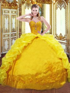 Lace Up 15 Quinceanera Dress Gold for Military Ball and Sweet 16 and Quinceanera with Beading and Embroidery and Pick Ups Brush Train