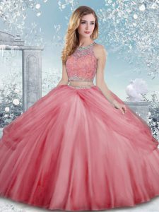 Beauteous Scoop Sleeveless Sweet 16 Dress Floor Length Beading Watermelon Red Tulle