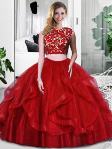 Floor Length Zipper 15 Quinceanera Dress Wine Red for Military Ball and Sweet 16 and Quinceanera with Lace and Ruffles
