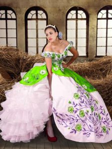Sleeveless Floor Length Embroidery and Ruffled Layers Lace Up 15 Quinceanera Dress with Multi-color