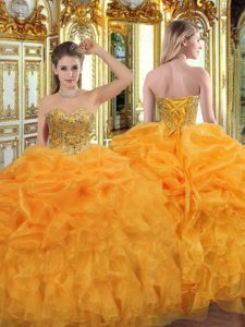 Orange Sweet 16 Dress Military Ball and Sweet 16 and Quinceanera with Beading and Ruffles Sweetheart Sleeveless Lace Up