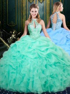 Unique Halter Top Sleeveless Lace Up Quinceanera Gown Apple Green Organza