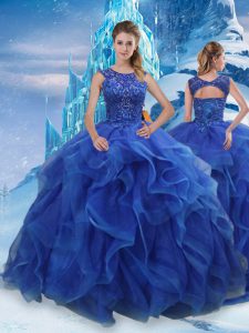 New Arrival Floor Length Blue 15th Birthday Dress Organza Sleeveless Beading and Ruffles