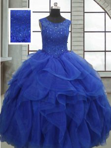 Modest Royal Blue Quinceanera Dress Military Ball and Sweet 16 and Quinceanera with Ruffles and Sequins Bateau Sleeveless Lace Up