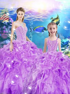 Smart Sweetheart Sleeveless Lace Up Quince Ball Gowns Lilac Organza