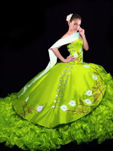 Suitable Sleeveless Organza Brush Train Lace Up Ball Gown Prom Dress in Yellow Green with Embroidery and Ruffles