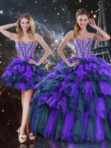 Nice Sleeveless Floor Length Beading and Ruffles and Ruffled Layers Lace Up Sweet 16 Dresses with Multi-color