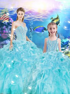 Lovely Aqua Blue Lace Up Sweetheart Beading and Ruffles 15 Quinceanera Dress Organza Sleeveless