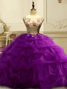 Floor Length Purple Quinceanera Dresses Organza Sleeveless Appliques and Ruffles and Sequins