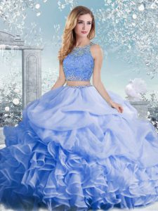 Deluxe Baby Blue Organza Clasp Handle Scoop Sleeveless Floor Length Sweet 16 Dress Beading and Ruffles and Pick Ups
