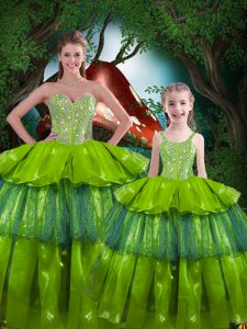 High Quality Organza Sleeveless Floor Length 15th Birthday Dress and Beading and Ruffled Layers