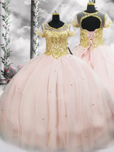 Romantic Pink Short Sleeves Floor Length Beading Lace Up Sweet 16 Dress