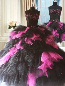 Pink And Black Three Pieces Tulle Sweetheart Sleeveless Beading and Ruffles Floor Length Lace Up 15 Quinceanera Dress