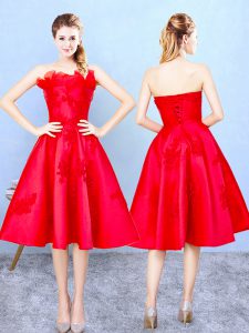 Chic Strapless Sleeveless Lace Up Dama Dress Red Satin