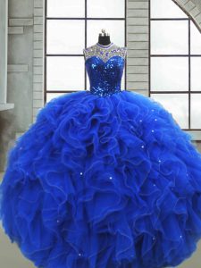 Excellent Royal Blue Sleeveless Ruffles and Sequins Floor Length Sweet 16 Dress