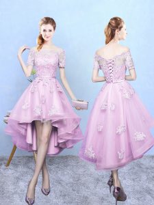 Rose Pink Off The Shoulder Neckline Lace Dama Dress for Quinceanera Short Sleeves Lace Up