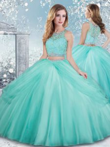 Aqua Blue Vestidos de Quinceanera Military Ball and Sweet 16 and Quinceanera with Beading and Lace Scoop Sleeveless Clasp Handle
