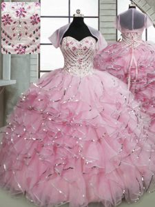Unique Baby Pink Lace Up Sweetheart Beading and Ruffles Sweet 16 Quinceanera Dress Organza Sleeveless Brush Train
