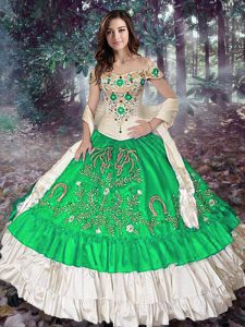 Flirting Green Lace Up Off The Shoulder Embroidery and Ruffled Layers 15 Quinceanera Dress Taffeta Sleeveless