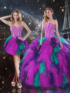 Flare Multi-color Three Pieces Beading and Ruffles Sweet 16 Dresses Lace Up Tulle Sleeveless Floor Length