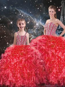 Spectacular Coral Red Ball Gowns Organza Sweetheart Sleeveless Beading and Ruffles Floor Length Lace Up Quinceanera Dresses