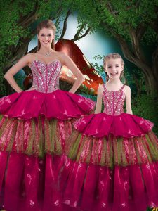 Modern Fuchsia Organza Lace Up Quinceanera Gowns Sleeveless Floor Length Beading and Ruffled Layers