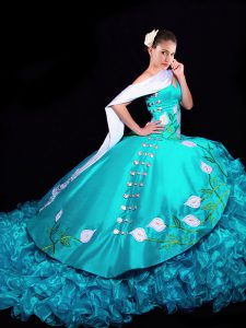 Sophisticated Aqua Blue Lace Up 15th Birthday Dress Embroidery and Ruffles Sleeveless Brush Train