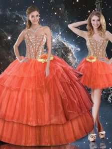 Beauteous Rust Red Ball Gowns Ruffled Layers and Sequins Quinceanera Dress Lace Up Organza Sleeveless Floor Length