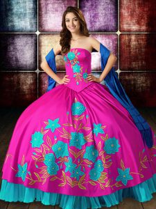 Pretty Satin Sleeveless Floor Length Sweet 16 Quinceanera Dress and Embroidery