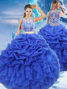 Royal Blue Organza Zipper Scoop Sleeveless Floor Length Sweet 16 Dresses Beading and Ruffles and Pick Ups