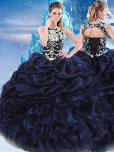 Luxury Floor Length Lace Up Ball Gown Prom Dress Navy Blue for Military Ball and Sweet 16 and Quinceanera with Appliques and Ruffles and Pick Ups