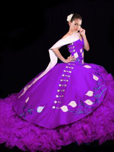 Charming Eggplant Purple Sleeveless Brush Train Embroidery and Ruffles Quinceanera Dresses