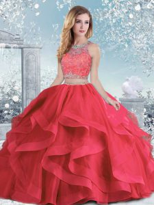 Coral Red Ball Gowns Organza Scoop Sleeveless Beading and Ruffles Floor Length Clasp Handle Vestidos de Quinceanera