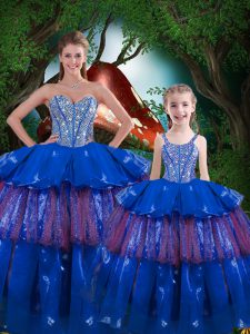 Deluxe Blue Sleeveless Organza Lace Up Ball Gown Prom Dress for Military Ball and Sweet 16 and Quinceanera