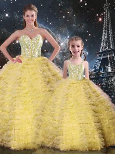 Yellow Tulle Lace Up Sweetheart Sleeveless Floor Length 15th Birthday Dress Beading and Ruffles