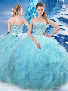 Aqua Blue Lace Up Quinceanera Gown Beading and Pick Ups Sleeveless Floor Length
